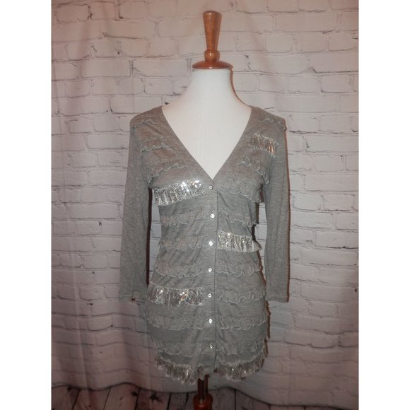 Top Small Gray Knit Vneck Cardigan Buttons Tiered